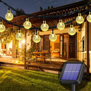 lezonic solar string lights outdoor waterproof,50led solar crystal globe lights,8 mode 7m/24ft outdoor solar powered string lights for garden,patio yard,christmas,parties,wedding(warm white)