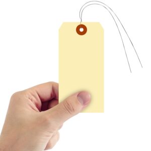 SmartSign Blank Manila Shipping Tags with Wire, Size-6, Pack of 100, 13pt Thick Prewired Cardstock Tag, 5.25 x 2.625 inch Paper Hang Tags with Reinforced Fiber Patch