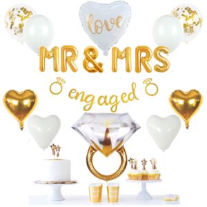 vidal crafts gold engagement party decorations - white & gold decor with engaged banner, mr and mrs balloons, latex heart confetti balloons, engagement ring - gold themed engagement decorations