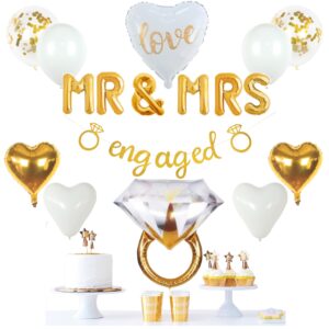 Vidal Crafts Gold Engagement Party Decorations - White & Gold Decor with Engaged Banner, Mr and Mrs Balloons, Latex Heart Confetti Balloons, Engagement Ring - Gold Themed Engagement Decorations