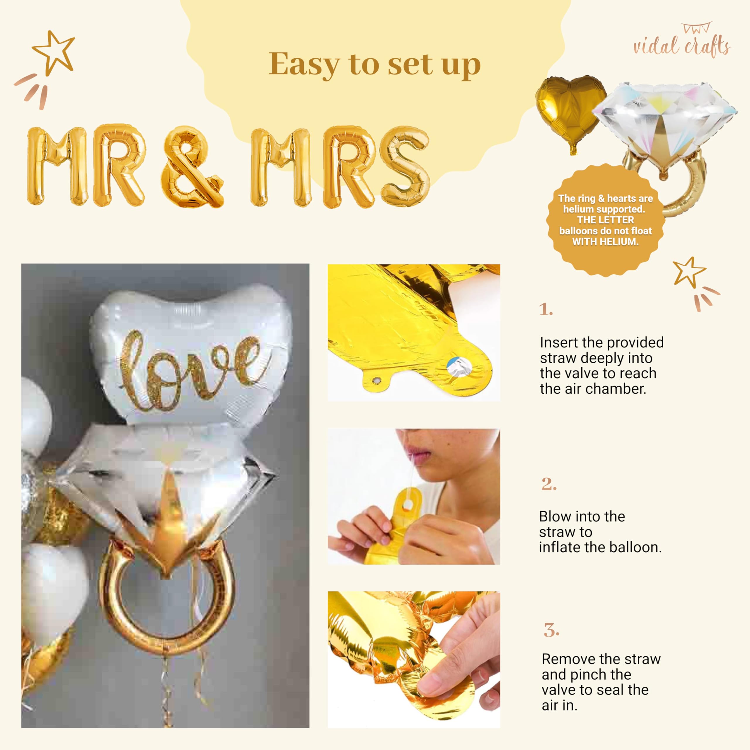 Vidal Crafts Gold Engagement Party Decorations - White & Gold Decor with Engaged Banner, Mr and Mrs Balloons, Latex Heart Confetti Balloons, Engagement Ring - Gold Themed Engagement Decorations