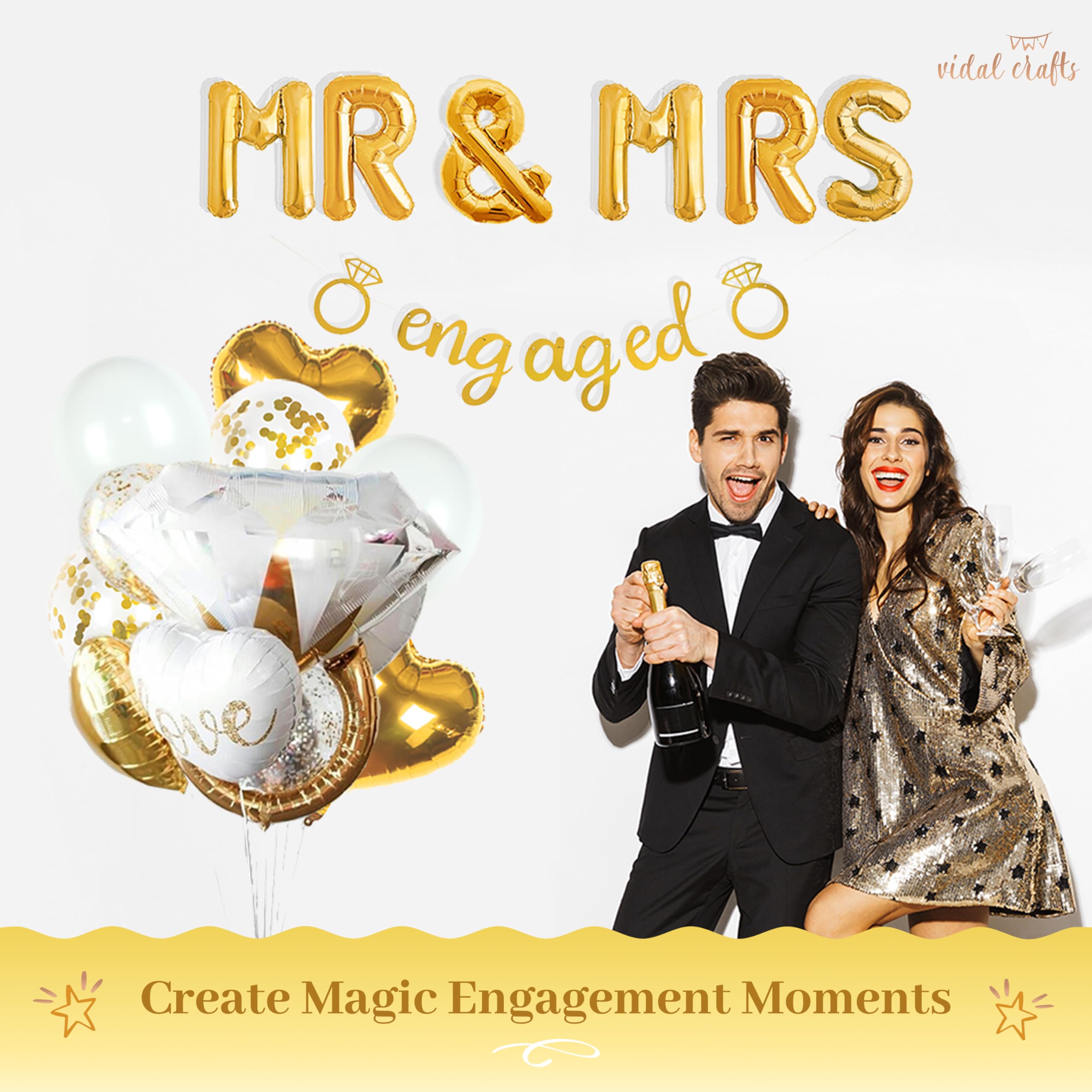 Vidal Crafts Gold Engagement Party Decorations - White & Gold Decor with Engaged Banner, Mr and Mrs Balloons, Latex Heart Confetti Balloons, Engagement Ring - Gold Themed Engagement Decorations