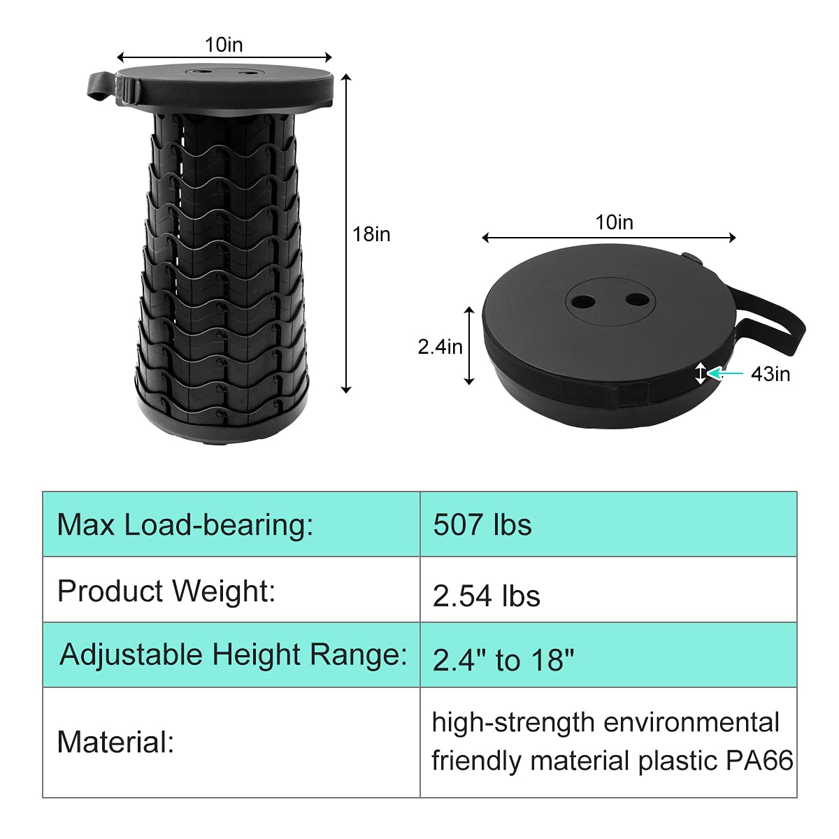 Coideal Retractable Folding Stool Upgraded - Portable Lightweight Collapsible Stool Telescoping Chair Seat Adjustable Height with Load 400 lbs for Adult Camping Travel Fishing Outdoor