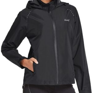 BALEAF Women's Rain Jackets Waterproof Windbreaker Windproof Lightweight Running Cycling Jackets Reflective Packable Hooded Black M