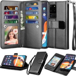 njjex galaxy s20 case, for samsung galaxy s20 wallet case 6.2", [9 card slots] pu leather id credit holder folio flip [detachable] kickstand magnetic phone cover & lanyard for samsung s20 [black]