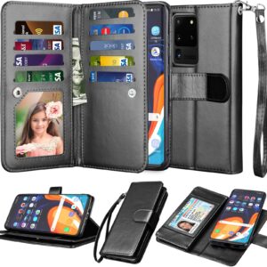 NJJEX Galaxy S20 Case, for Samsung Galaxy S20 Wallet Case 6.2", [9 Card Slots] PU Leather ID Credit Holder Folio Flip [Detachable] Kickstand Magnetic Phone Cover & Lanyard for Samsung S20 [Black]