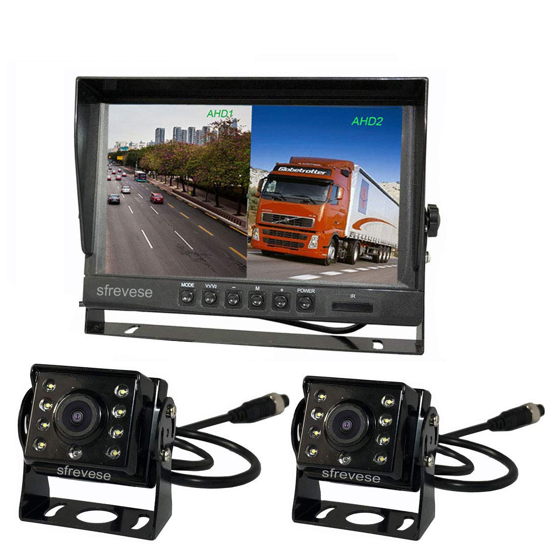 9" 4Pin IPS HD SD DVR Recording 2CH Split Car Rear View Monitor + 2X AHD 1080P Reversing Backup Camera for Bus Long Truck Vehicle Waterproof 12V-24V