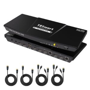 tesmart hdmi kvm switch 2 monitors 2 computers 4k@60hz, usb 2.0, dual monitor kvm switch hdmi 2 port extended display, edid emulators, l/r audio, hotkey switch, button switch with input cables