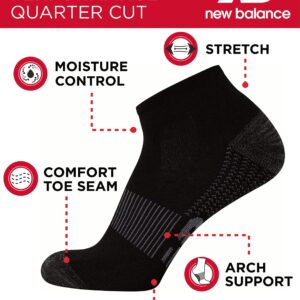 New Balance Men's Athletic Arch Compression Cushion Comfort Quarter Socks (6 Pack), Size 6-12.5, Black