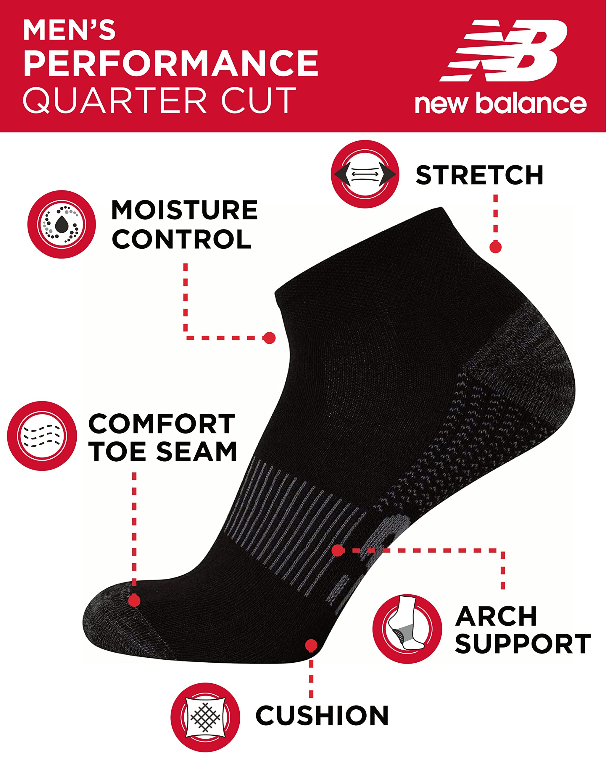 New Balance Men's Athletic Arch Compression Cushion Comfort Quarter Socks (6 Pack), Size 6-12.5, Black