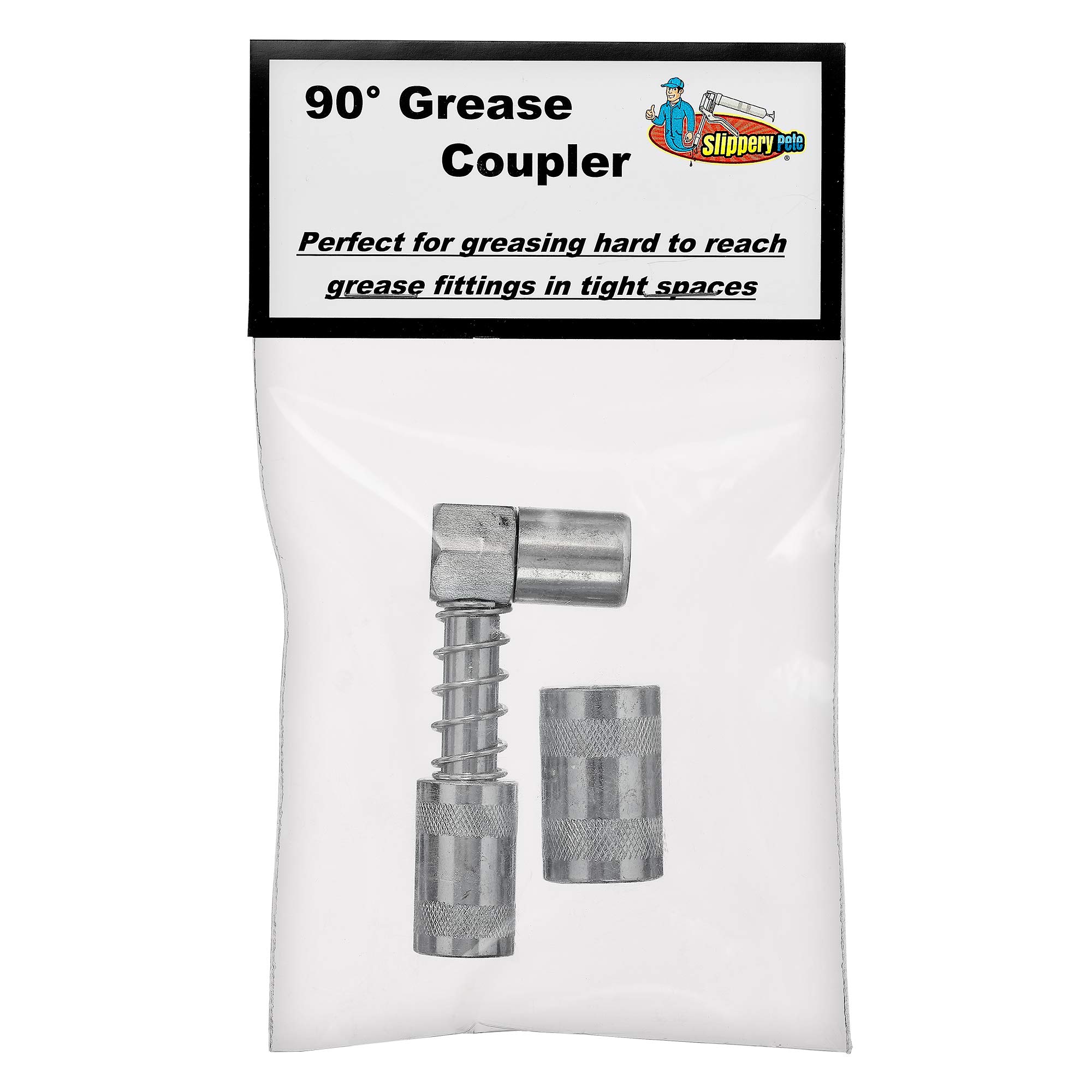 Slippery Pete 90 Degree Grease Coupler Snaps on to Grease Fittings in Tight Spaces