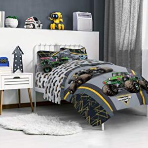 Jay franco Monster Jam MJ Life 4 Piece Twin Bed Set-Includes Reversible Comforter&Sheet Set-Bedding Features Grave Digger, Max-D, Megalodon-Super Soft Microfiber-(Official Monster Jam Product)