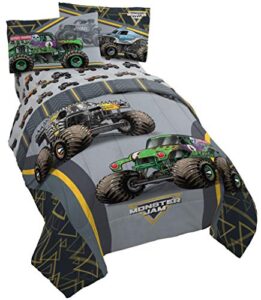 jay franco monster jam mj life 4 piece twin bed set-includes reversible comforter&sheet set-bedding features grave digger, max-d, megalodon-super soft microfiber-(official monster jam product)