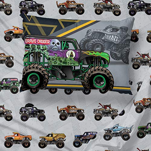 Jay franco Monster Jam MJ Life 4 Piece Twin Bed Set-Includes Reversible Comforter&Sheet Set-Bedding Features Grave Digger, Max-D, Megalodon-Super Soft Microfiber-(Official Monster Jam Product)