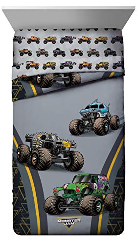 Jay franco Monster Jam MJ Life 4 Piece Twin Bed Set-Includes Reversible Comforter&Sheet Set-Bedding Features Grave Digger, Max-D, Megalodon-Super Soft Microfiber-(Official Monster Jam Product)