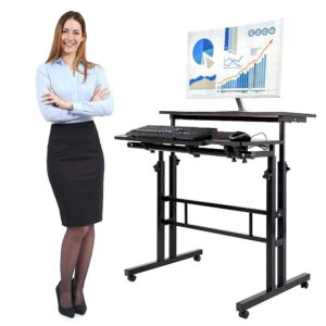 ejoyous height adjustable stand up desk, mobile standing desk sit to stand computer desk laptop table workstation with rolling wheels for home office