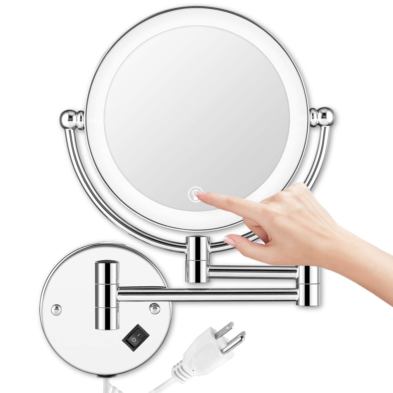 AMZNEVO Wall Mounted Lighted Makeup Mirror, 8 Inch Double-Sided 1X 5X Magnifying Mirror for Bathroom, 11'' Extendable Arm, 360° Swivel, Touch DimmableLED Lights, Powered by Plug in, Chrome