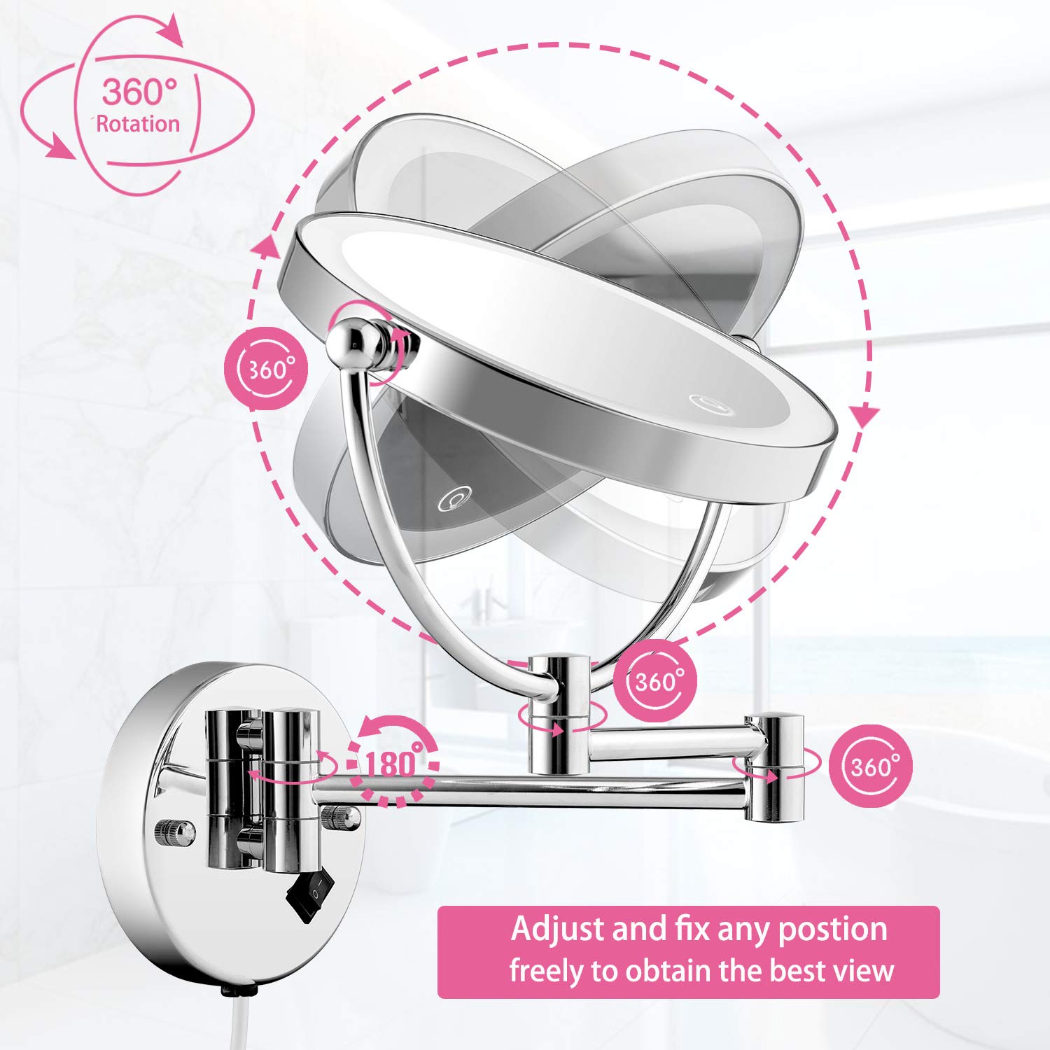 AMZNEVO Wall Mounted Lighted Makeup Mirror, 8 Inch Double-Sided 1X 5X Magnifying Mirror for Bathroom, 11'' Extendable Arm, 360° Swivel, Touch DimmableLED Lights, Powered by Plug in, Chrome