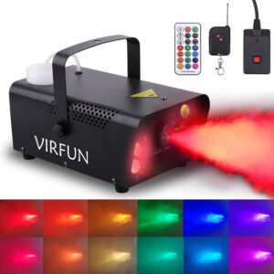 fog machine, 6 led lights with 12 colors effect, virfun smoke machine with wireless&wired remote control for parties halloween wedding and stage effect, 500ml tank