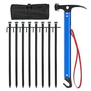 sahara sailor tent stakes, 8pcs metal camping stakes heavy duty tent stakes with hammer and storage bag, unbreakable and inflexible tent pegs for camping, hiking, backpacking, gardening