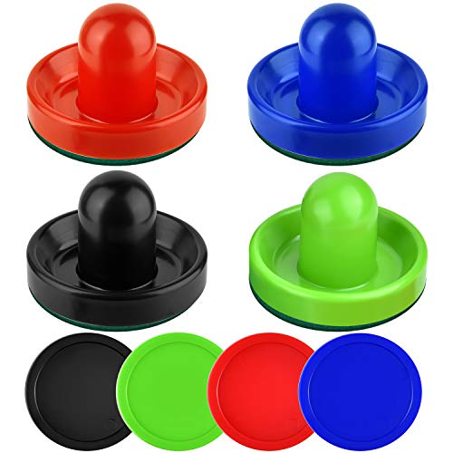 Coopay Air Hockey Pushers and Thicker Air Hockey Pucks, Goal Handles Paddles Replacement Accessories for Game Tables (4 Striker, 4 Puck Pack) (Red, Black, Blue, Green)