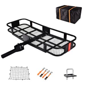 titimo 60"x21"x6" folding hitch mount cargo carrier - luggage basket rack fits 2" receiver - rear cargo rack for suv, truck, car(includes cargo net, ratchet straps, waterproof cover) - 550lb capacity