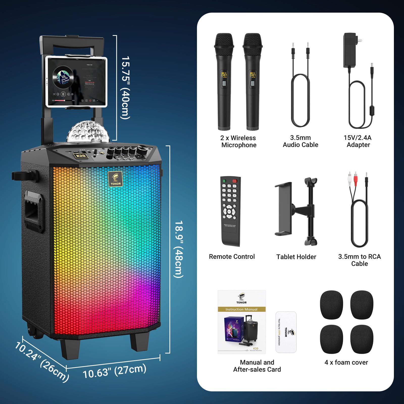 Wireless Karaoke Machine for Adults, TONOR PA System Portable Bluetooth Singing Speaker with Dual Wireless Microphones Microfono, Disco Ball for Home Karaoke, Party, Class and Church K20