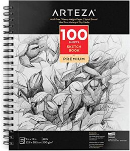 arteza 9x12" sketch book, 100 sheets (68 lb/100gsm), spiral bound artist sketch pad, durable acid free drawing paper, ideal for adults & teens, bright white
