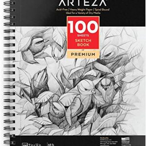 Arteza 9X12" Sketch Book, 100 Sheets (68 lb/100gsm), Spiral Bound Artist Sketch Pad, Durable Acid Free Drawing Paper, Ideal for Adults & Teens, Bright White