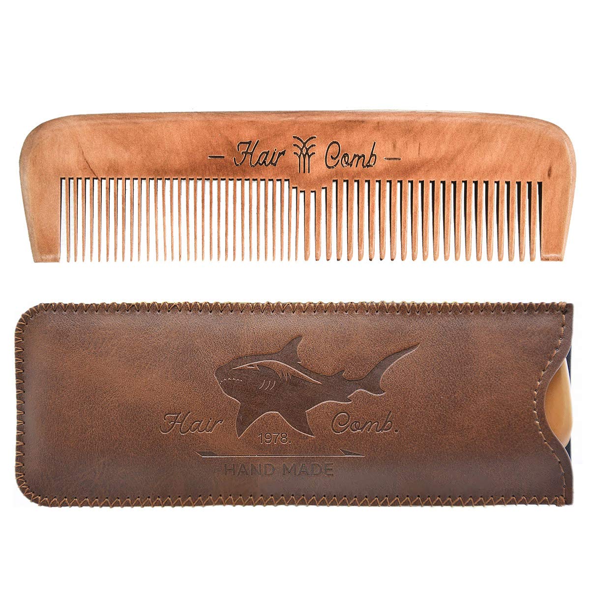 Wooden Hair Combs for Men,Men's Wood Beard Comb with Leather Travel Case,Mens Combs for Hair,Kids Comb(brown shark)