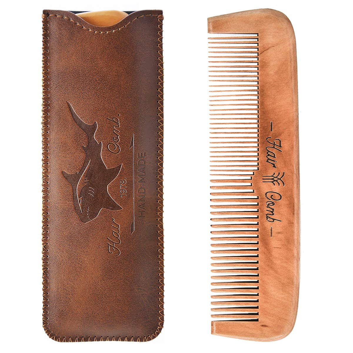 Wooden Hair Combs for Men,Men's Wood Beard Comb with Leather Travel Case,Mens Combs for Hair,Kids Comb(brown shark)