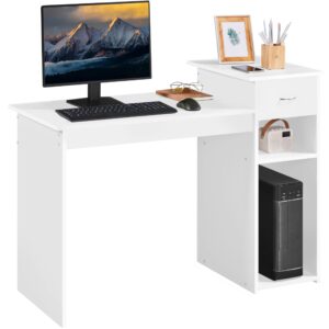 Yaheetech Home Office Computer Desk with Storage Drawer & Monitor Shelf, Writing PC Laptop Table Desk Study Workstation Furniture for Small Spaces, White