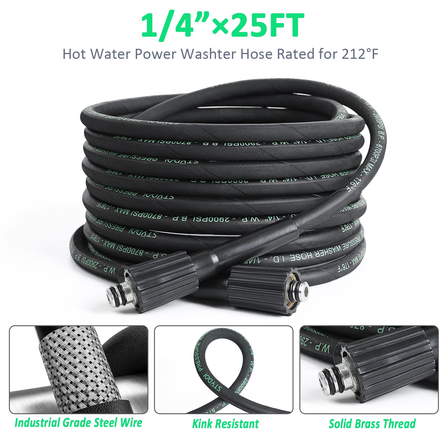 STYDDI Kink-Resistance Pressure Washer Replacement Hose 25FT, Heavy Duty Steel Braided and Rubber Power Washer Hose with M22 Fittings, 1/4 in. x 25 ft, 2900 PSI, up to 176°F