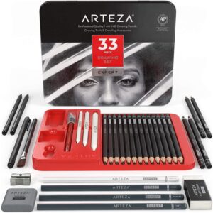 arteza drawing set for adults, set of 33 artist sketching tools, 20 graphite & 4 charcoal sketch pencils, 1 fineliner, 3 blenders, 1 sharpener, 3 erasers & 1 hobby knife, art supplies for drawing