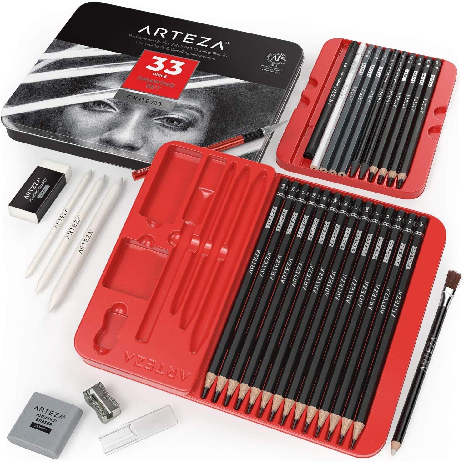 Arteza Drawing Set for Adults, Set of 33 Artist Sketching Tools, 20 Graphite & 4 Charcoal Sketch Pencils, 1 Fineliner, 3 Blenders, 1 Sharpener, 3 Erasers & 1 Hobby Knife, Art Supplies for Drawing