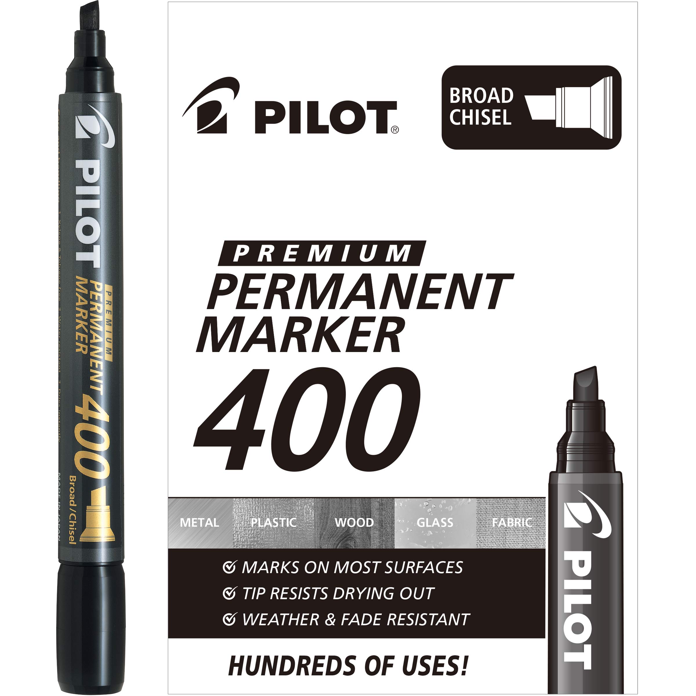 PILOT Premium 400 Permanent Markers, Broad Point Chisel Tip, Black Ink, Box of 12 (SA4-BLK)