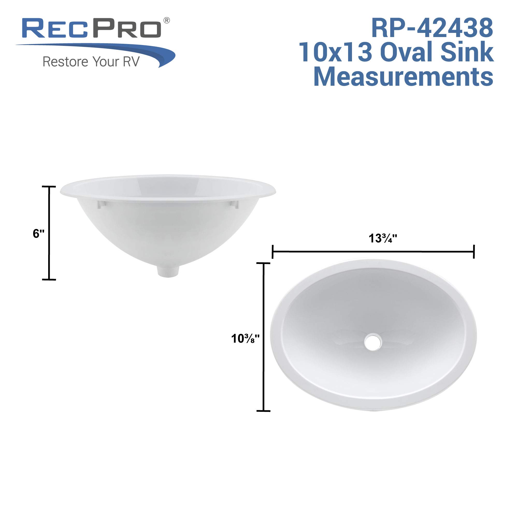 RecPro RV Oval Single Bowl Sink | 10" x 13" | White | No Faucet