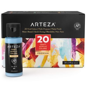 ARTEZA Craft Acrylic Paint, 2 ounce Bottles, Water-Based, Matte Finish Paints, Art Supplies for Glass, Wood, Ceramics, Fabrics, Leather, Paper