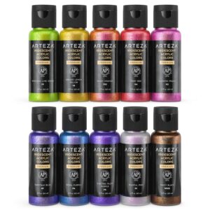 ARTEZA Iridescent Acrylic Paint Set of 10 Chameleon Colors, 2 ounce Bottles, Shimmer Water-Based Paints, Art Supplies for Canvas, Wood, Rocks, Fabrics