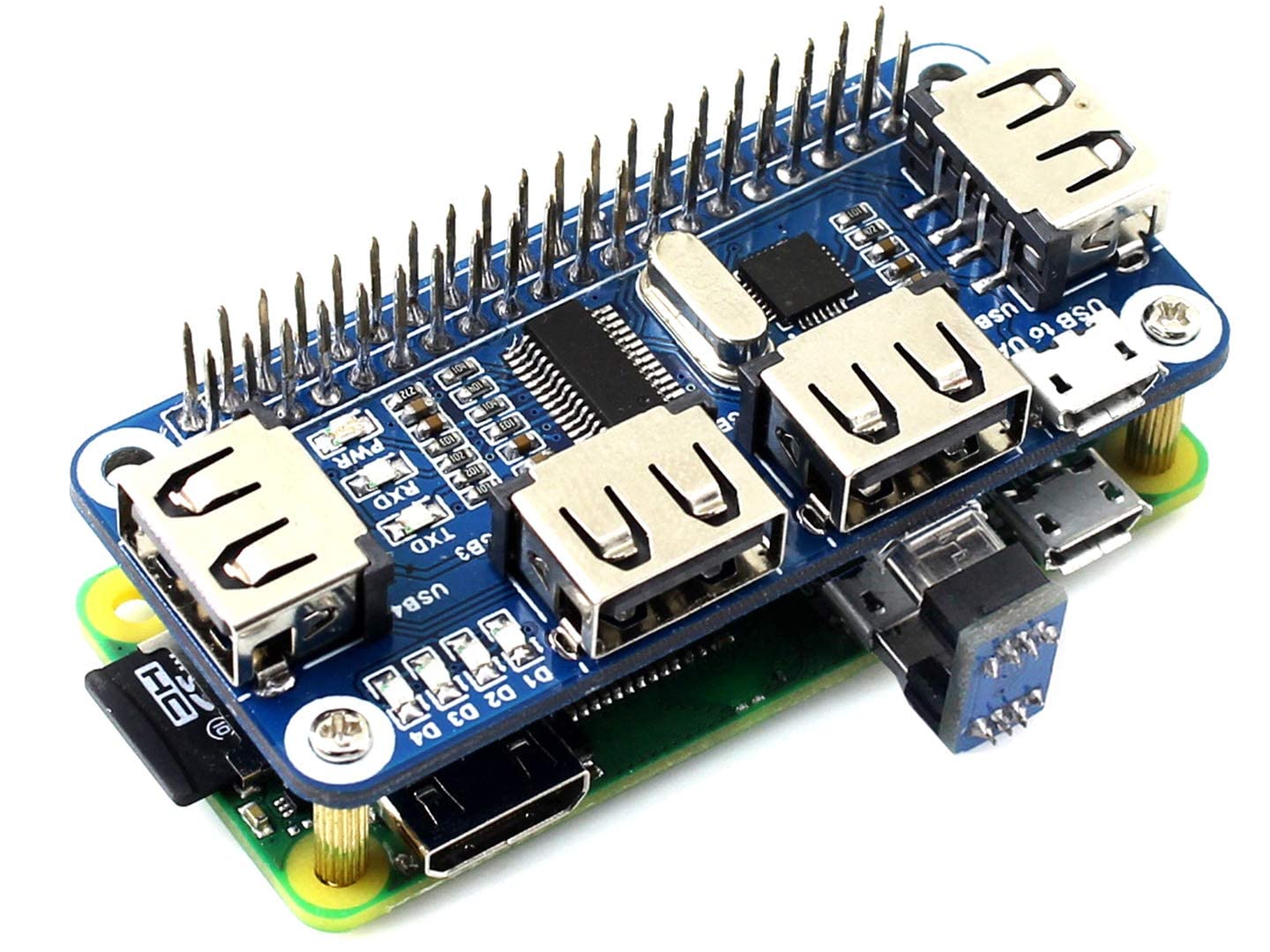 4-Port Raspberry Pi USB HUB HAT for Raspberry Pi 4B/3B+/3B/2B/B+/A+/Zero/Zero W, 4 USB Ports Compatible with USB2.0/1.1 Onboard USB to UART Onboard Multi Indicators