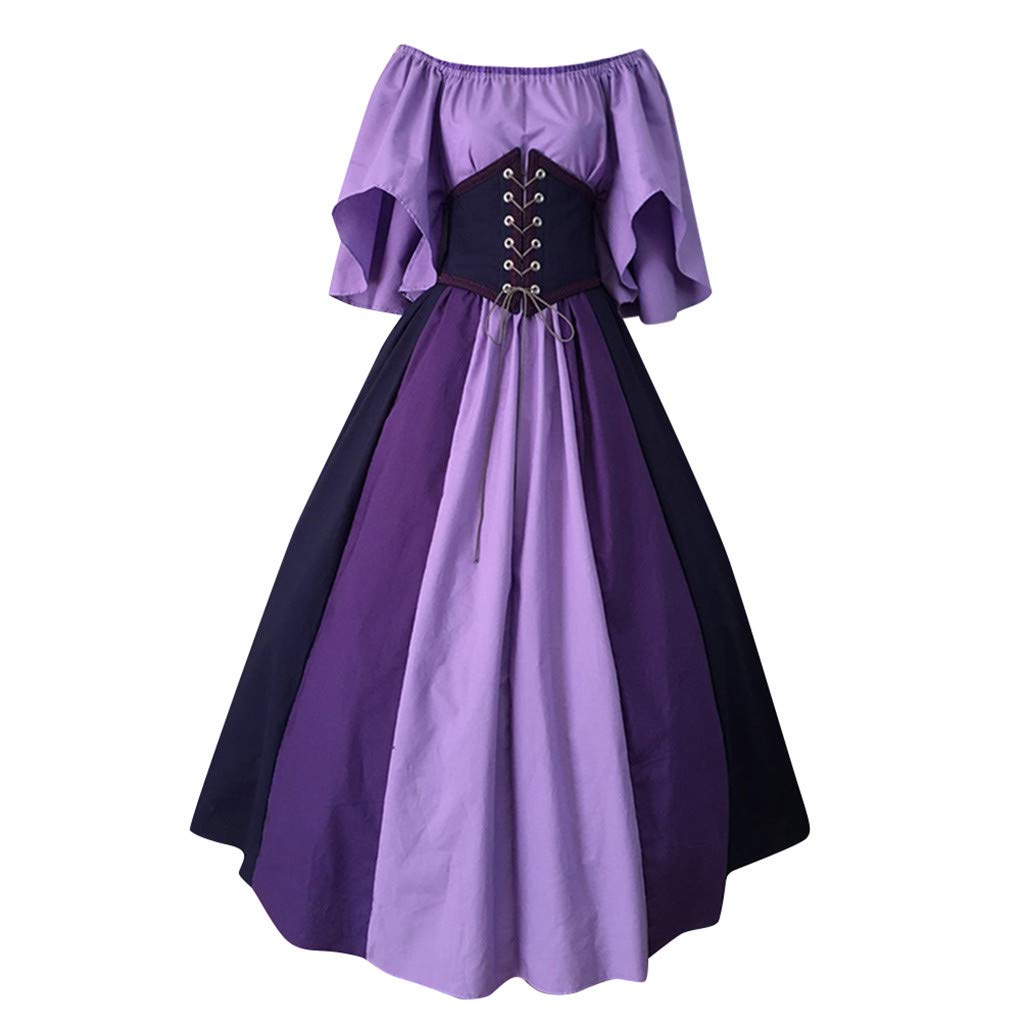 Womens Renaissance Medieval Costume Dress Lace Up Vintage Gothic Short Sleeve Mini Dress Cosplay Retro Gown Purple