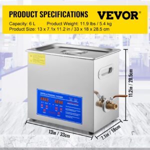 VEVOR Ultrasonic Cleaner with Digital Timer & Heater, Professional Ultra Sonic Jewelry Cleaner, Stainless Steel Heated Cleaning Machine for Glasses Watch Rings Small Parts Circuit Board (6L)