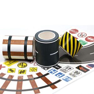 manzawa road tape for toy car & trains,3 tape rolls, bonus 160 traffic sign die cut stickers, 4 road tight curves and 4 trains tight curves, develop your kids imagination and memory, play and learn