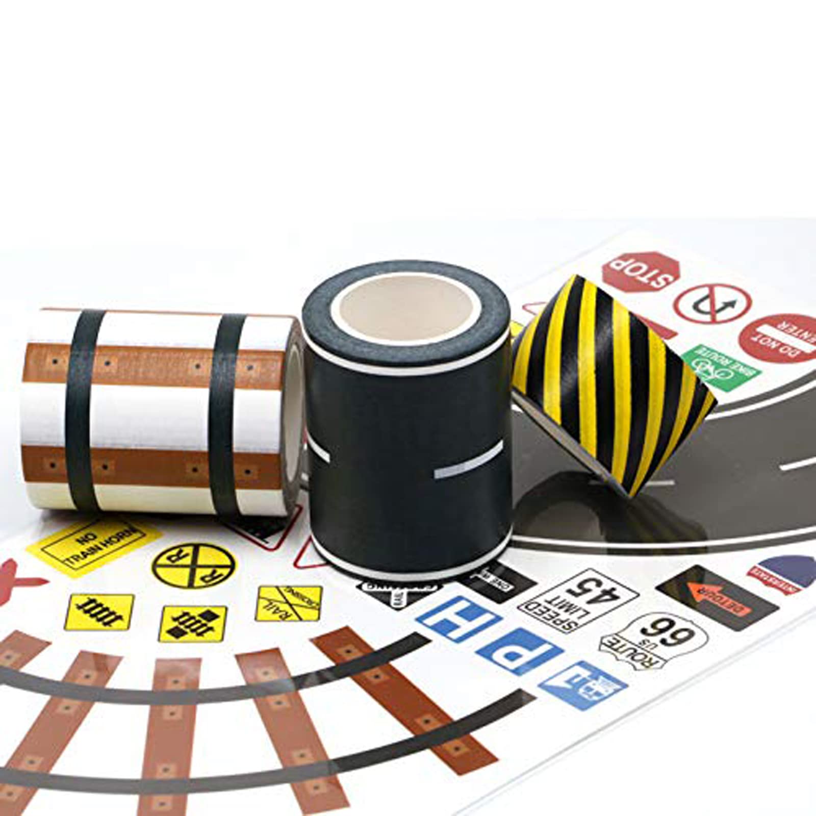 Manzawa Road Tape for Toy Car & Trains,3 Tape Rolls, Bonus 160 Traffic Sign Die Cut Stickers, 4 Road Tight Curves and 4 Trains Tight Curves, Develop Your Kids Imagination and Memory, Play and Learn