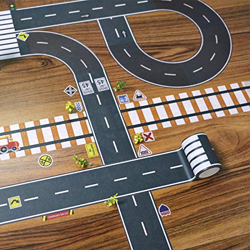 Manzawa Road Tape for Toy Car & Trains,3 Tape Rolls, Bonus 160 Traffic Sign Die Cut Stickers, 4 Road Tight Curves and 4 Trains Tight Curves, Develop Your Kids Imagination and Memory, Play and Learn