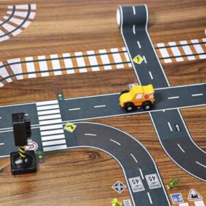 Manzawa Road Tape for Toy Car & Trains,3 Tape Rolls, Bonus 160 Traffic Sign Die Cut Stickers, 4 Road Tight Curves and 4 Trains Tight Curves, Develop Your Kids Imagination and Memory, Play and Learn