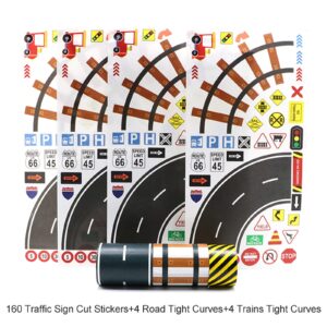 Manzawa Road Tape for Toy Car & Trains,3 Tape Rolls, Bonus 160 Traffic Sign Die Cut Stickers, 4 Road Tight Curves and 4 Trains Tight Curves, Develop Your Kids Imagination and Memory, Play and Learn