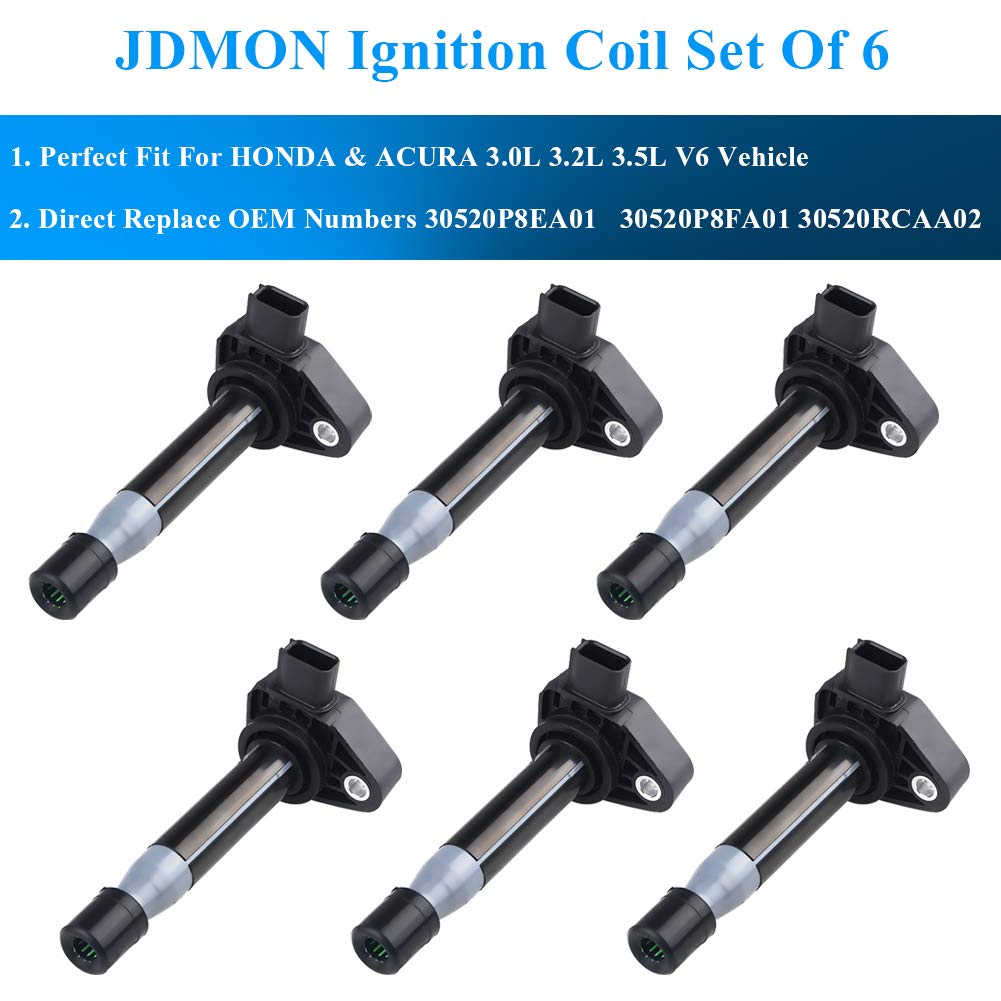 JDMON Ignition Coils Compatible with Honda Accord Odyssey Pilot Ridgeline Acura MDX TL RL CL 3.0L 3.2L 3.5L V6 1999-2009-Replaces OEM Part #30520P8EA01 30520P8FA01 30520RCAA02 Pack of 6