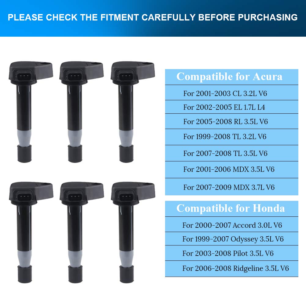 JDMON Ignition Coils Compatible with Honda Accord Odyssey Pilot Ridgeline Acura MDX TL RL CL 3.0L 3.2L 3.5L V6 1999-2009-Replaces OEM Part #30520P8EA01 30520P8FA01 30520RCAA02 Pack of 6