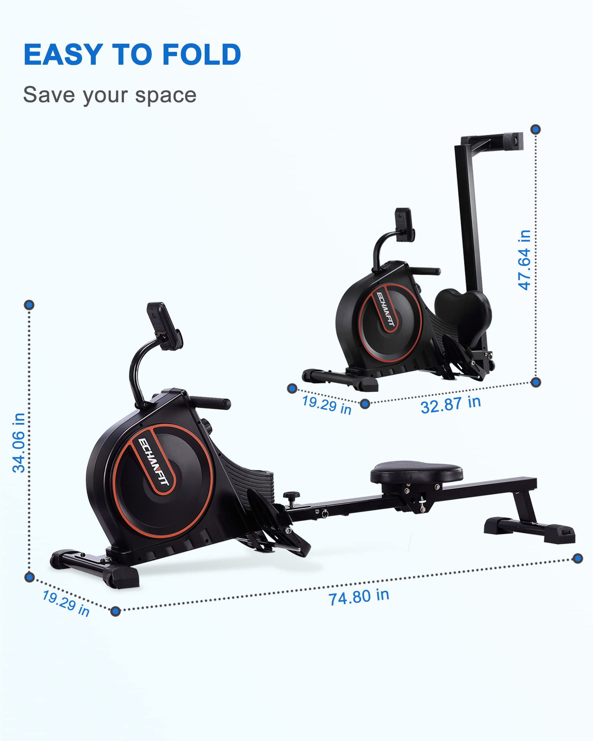 ECHANFIT Rowing Machine Folding Rower with 16 Levels Magnetic Resistance and Adjustable Console Angle for Home Use